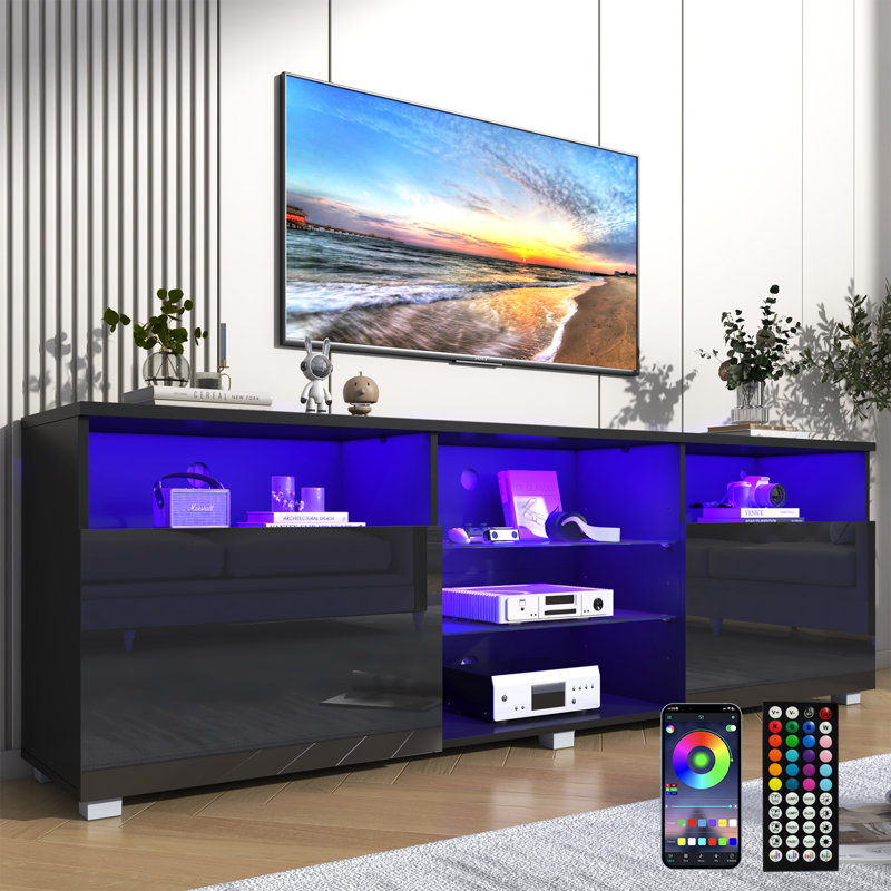 71In High Glossy Led Tv Stand For 75Inch Tv,  With Adjustable Storage Shelf,Rgb Led Lighting, Black