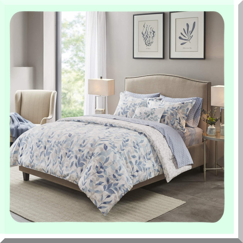 Botanical Bliss Reversible Comforter Set - Twin Size 6 Piece Bedding Bundle with Complete Sheet Set, Shams, and Decorative Pillow - All Season Cozy Cover in Modern Blue Print