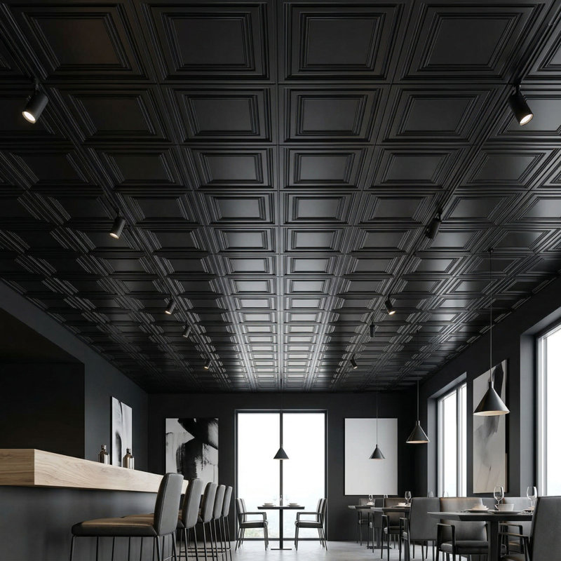 Tuile de plafond en PVC lisse 24 po L x 24 po, Noir brillant