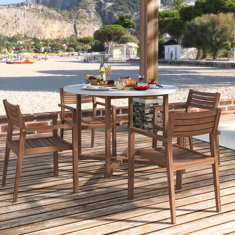 Ensemble de salle à manger 5 pièces pour l'extérieur avec 4 chaises en bois d'acacia Table Table de salle à manger ronde de 47,2 po à lattes ｜ Idéal pour les patios, les jardins, les bords de piscine et les pelouses et à l'intérieur resistance Résistant aux intempéries