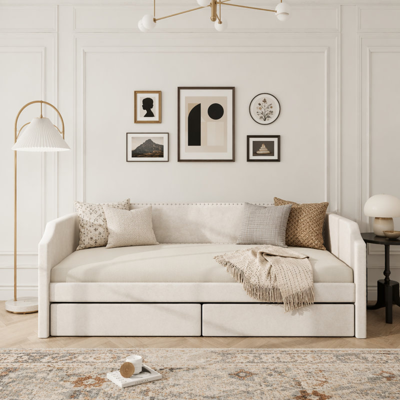 Lit de jour simple en velours rembourré avec 3 tiroirs, Beige
