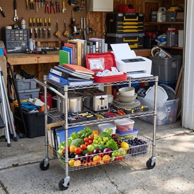Chariot de rangement roulant robuste à 3 niveaux, chariot chromé de 36 po x 18 po x 32 po avec roulettes, guidon et tablettes pour la cuisine, le restaurant et les plantes