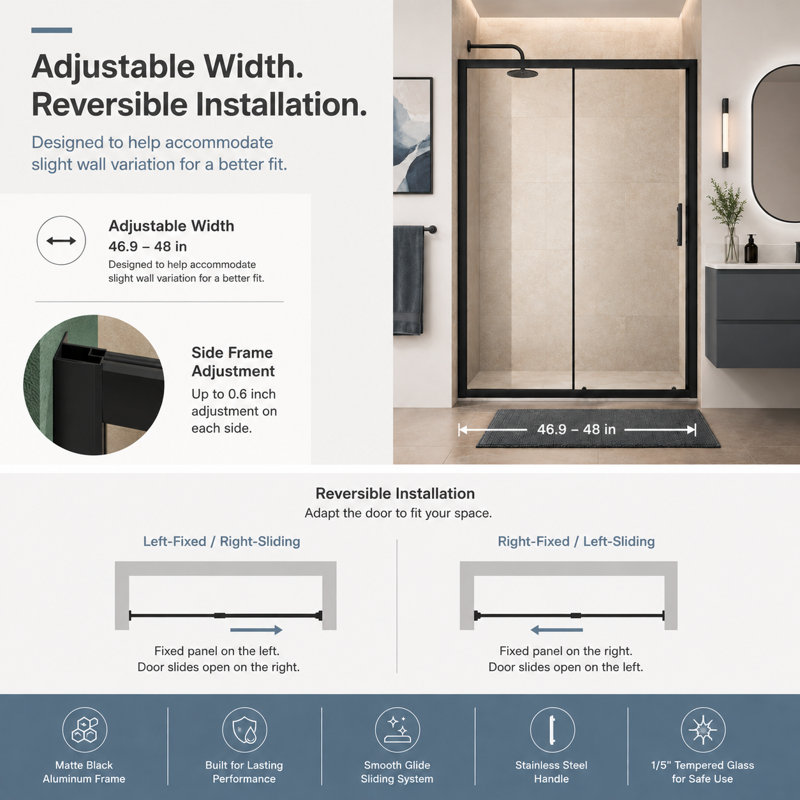 Porte de douche coulissante simple l 48 po x H 72 po avec verre trempé transparent de 1/5 po certifié par la SGCC, installation réversible, noir mat