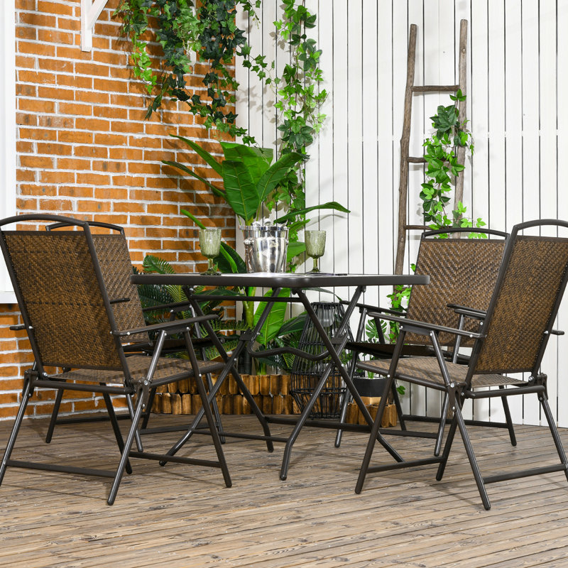 5 chaises de patio, brun foncé, pliable, trou de parasol, verre trempé pour les chaises et la table, 5 pièces, verre, brun