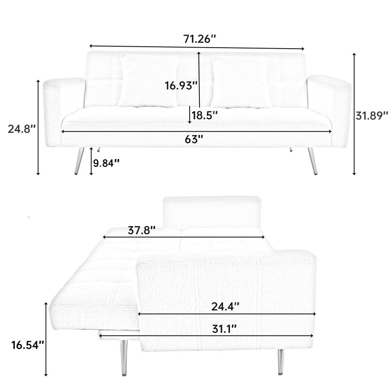 71.7''Modern Teddy 3 Seater Convertible Sofa Bed with 2 Throw Pillows, Green Polyester Blend