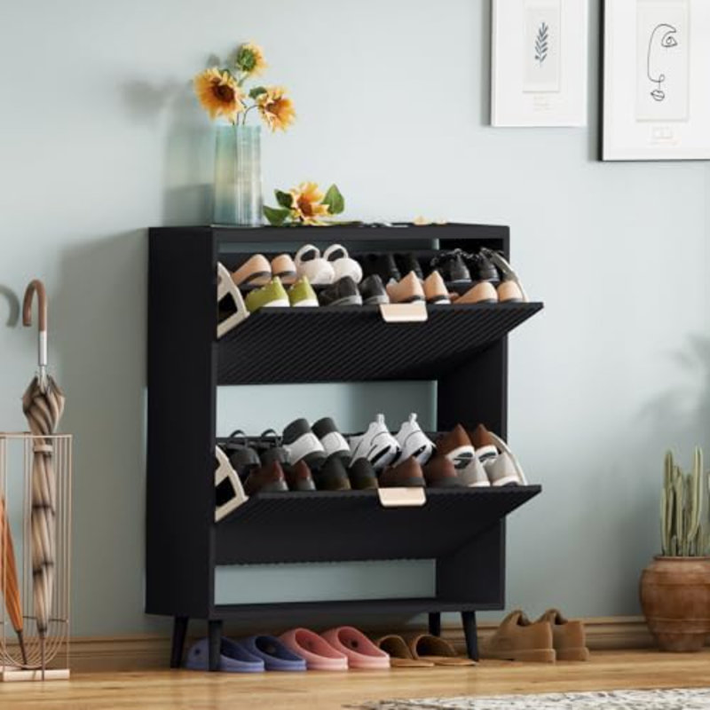 Shoe Cabinet Storage,Modern Freestanding Organizer With 2 Flip Drawers,Narrow Shoe Rack Cabinet For Entryway,Black, Black, 2