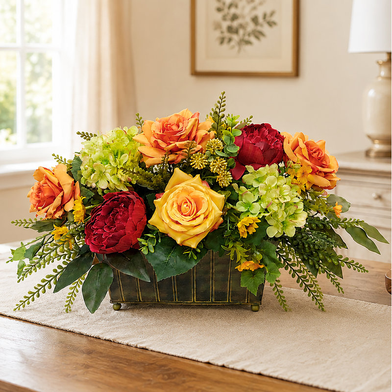 Faux Silk Rose Hydrangea and Sunflower Planter