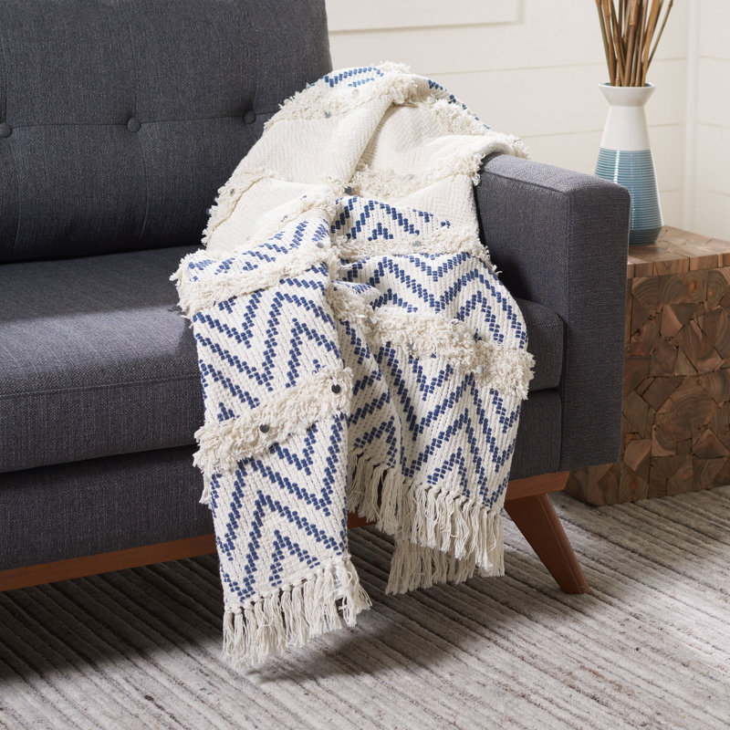 Theanna Blue Chevron Cotton Throw Blanket with Fringe