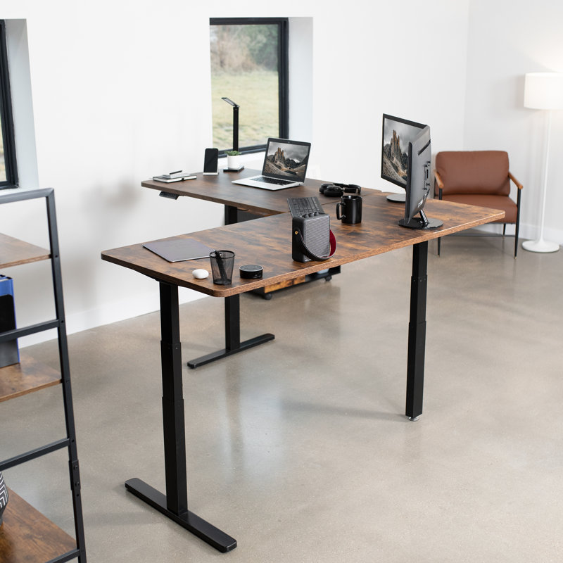 Vintage Brown and Black Adjustable Height L-Shaped Computer Desk