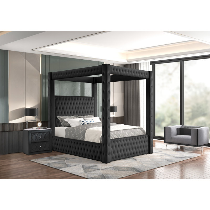 1Pc Black Modern Nightstand With Faux Marble Top, Button - Fabric And Two Storage Drawers For Bedroom Regalness Rectangle Featuring Upholstery Fashion