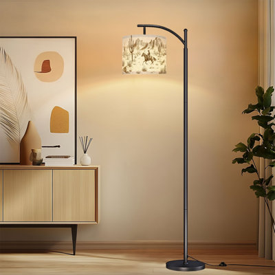 Arc Floor Lamp with Adjustable Lampshade Western Cowboy Farmhouse Horse Cowboy Mountains Hand drawn Standing Lamp 3 Color Temperatures Dimmable Tall Pole Lamp with Foot Switch for Bedroom