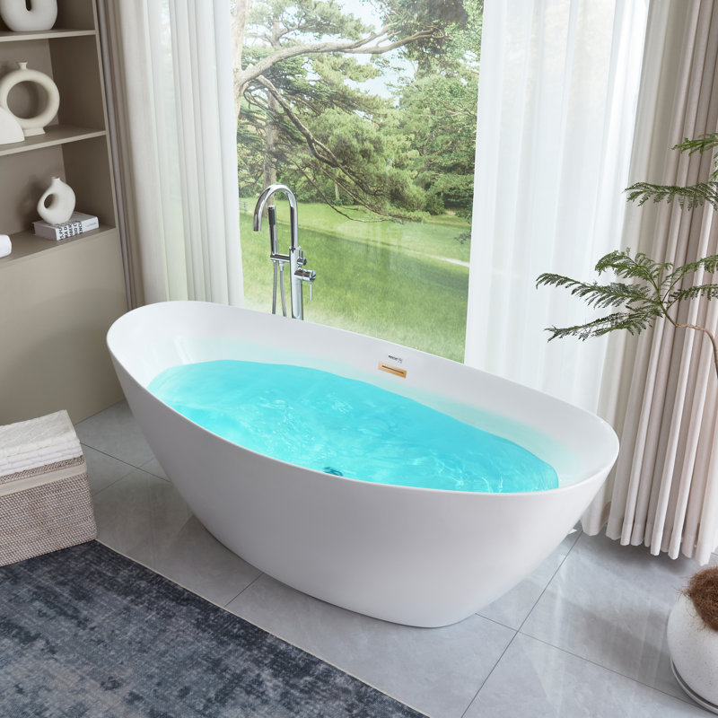 71" x 33" Freestanding Soaking Acrylic Bathtub, White/Titanium Gold