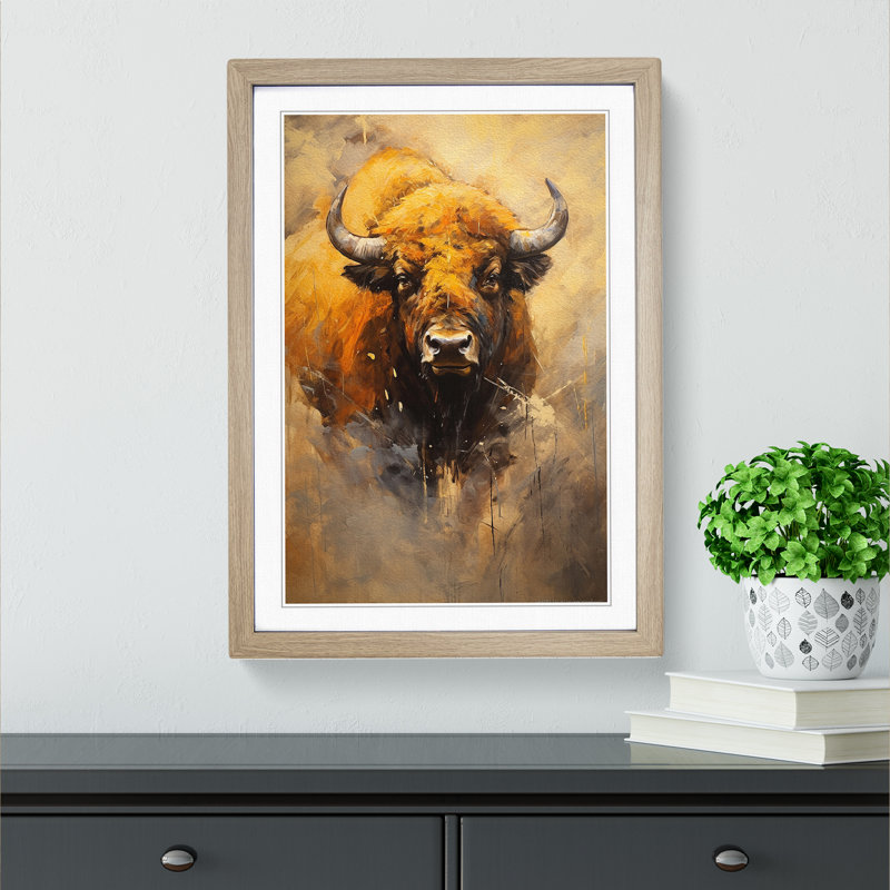 Bison Contemporary No.2 - Single Picture Frame Print on Wood, Oak, 34cm H x 25cm W x 2cm D
