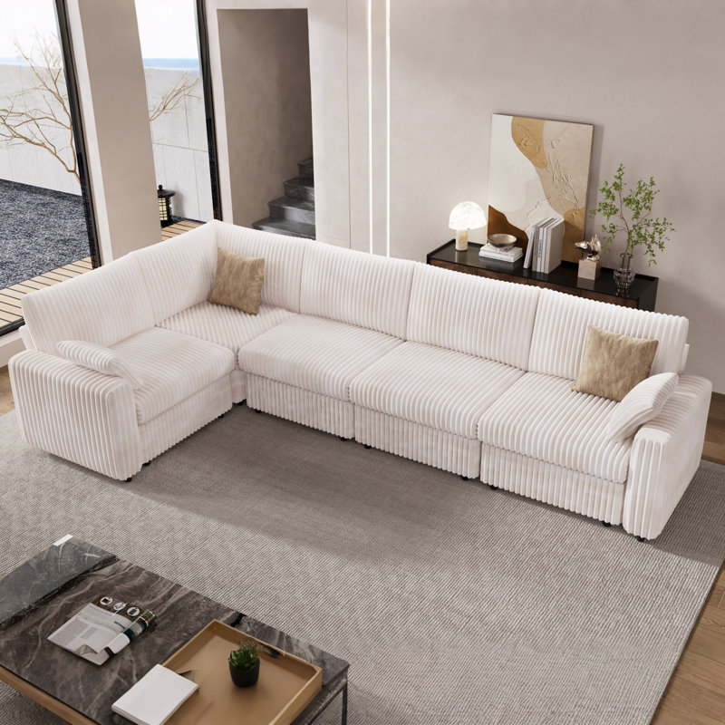5 Seat Modular Sectional Sofa, Corduroy Couch, Oversized Seat Cushion, Modular Design For Flexible Combinations, No-Tool Assembly, Includes 2 Throw Pillows