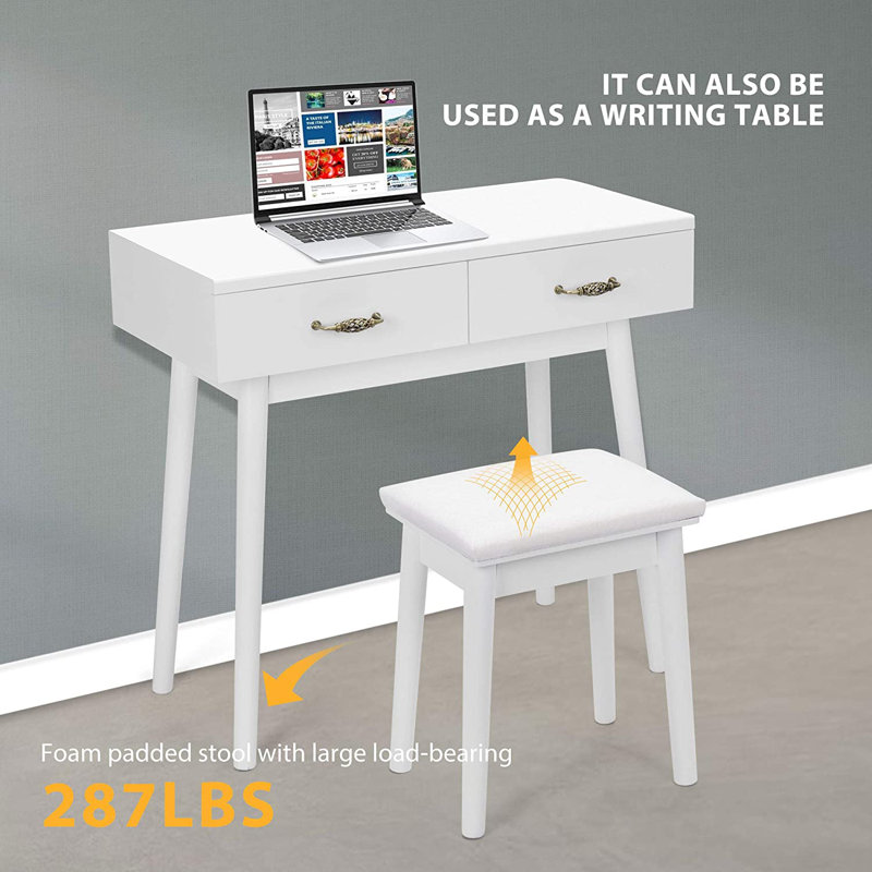 Gaisa White Vanity Set with Lighted Mirror, Makeup Dressing Table and Padded Stool, White