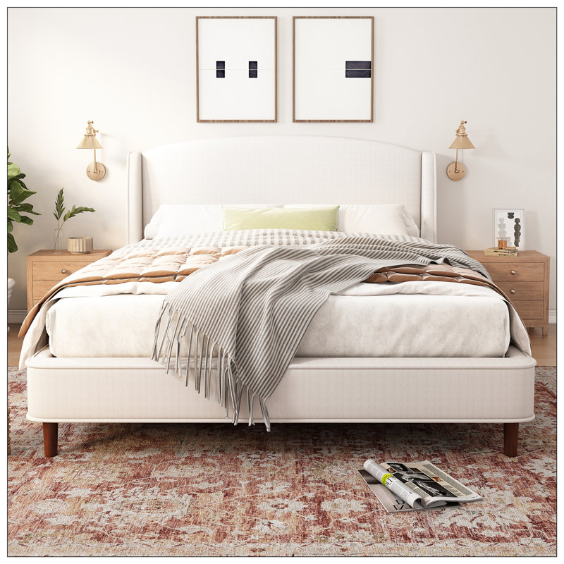 Bed Frame Upholstered Platform Bed with Wingback Headboard