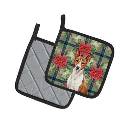 Paire de poignées rouges et blanches Basenji Christmas Poinsettas