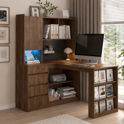 Bureau en L avec tiroirs pour bibliothèque et lumière DEL