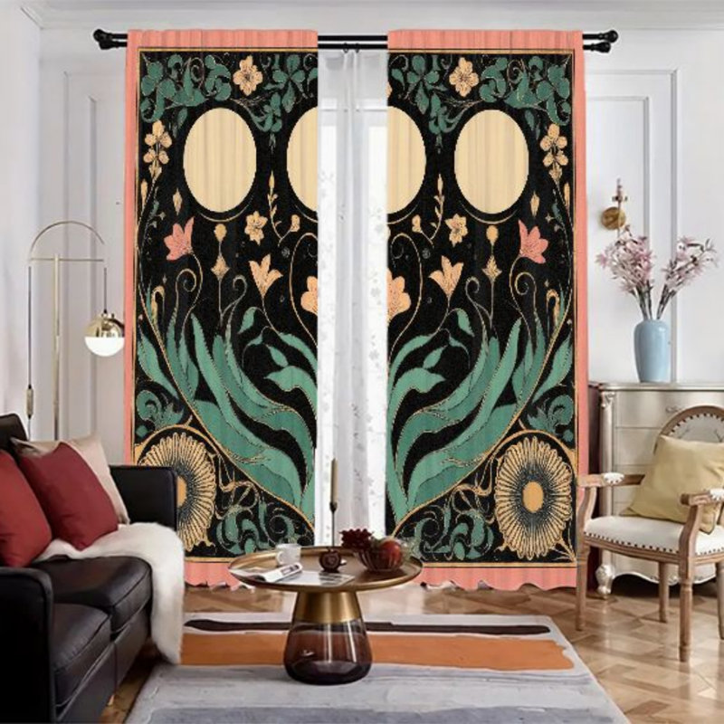 2Pcs Art Nouveau Floral Curtains, Moon Phase Patterned Modern Boho  Light Filtering Curtain For living bedroom Kitchen Rod Pocket Window Drapes, Home Decor