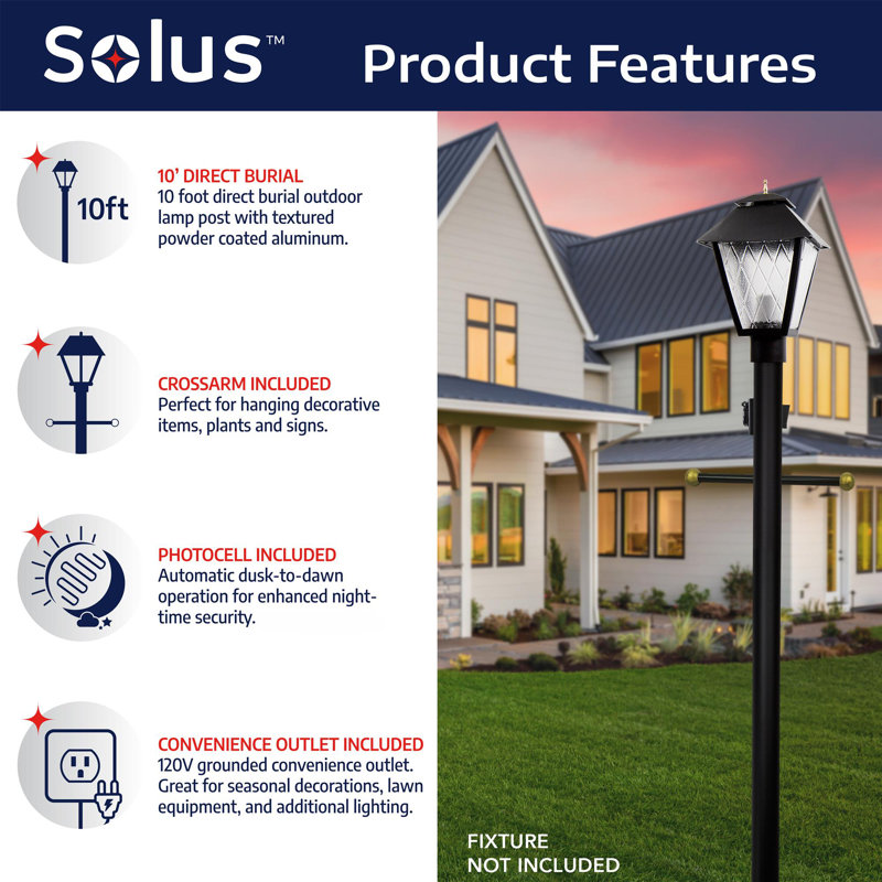 Solus 7, 8, or 10 ft. Direct Burial Lamp Post with Decorative Cross Arm, Convenience Outlet, and Dusk-to-Dawn Photocell Sensor