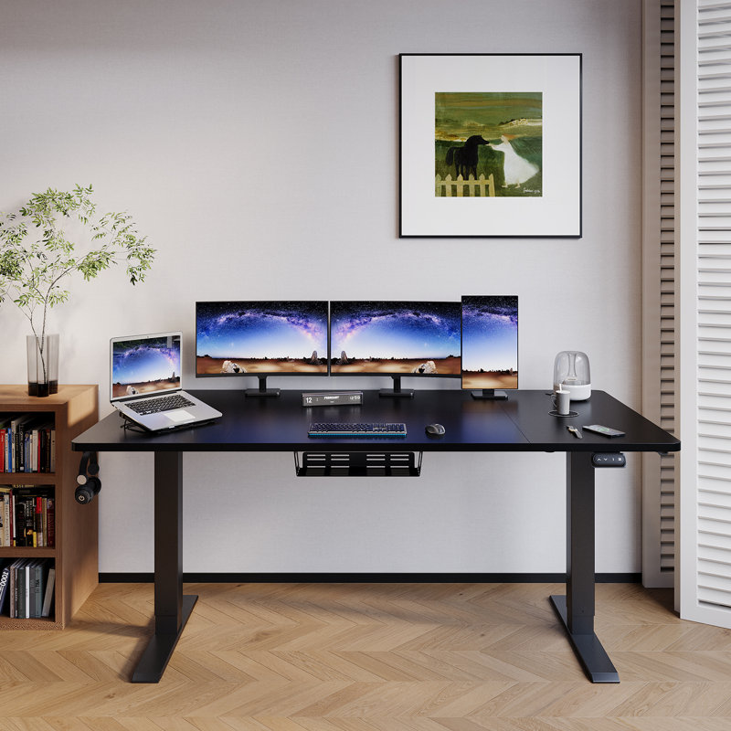 Electric T-Shape Height Adjustable Standing Desk, Black, 180cm W x 80cm D