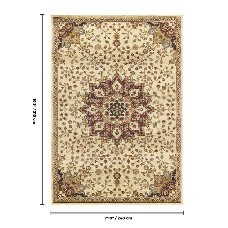 Tapis classique couleur crème, 15,8 kg, base en polypropylène, élégant motif médaillon, profondeur 312 cm, confectionné avec un motif tendance