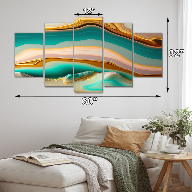 Liquide, agate bleue et turquoise, agate I, formes abstraites sur toile, 5 panneaux