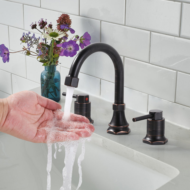 8 In. Widespread Double Handle High Arc Bathroom Faucet With Drain Kit Included In Oil Rubbed Bronze, Oil Rubbed Bronze
