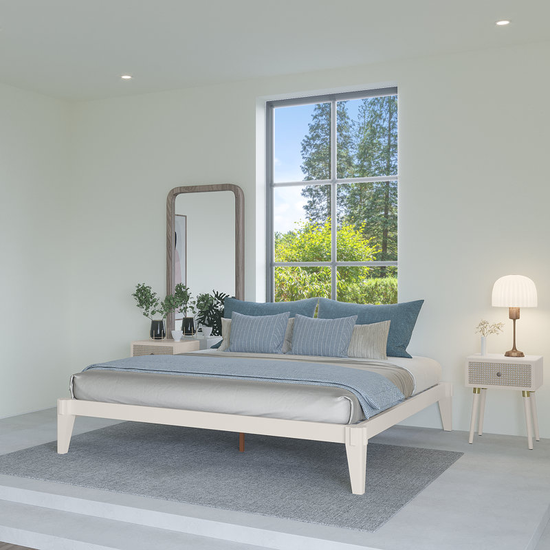 Jamerian Solid Wood Platform Bed Frame Without Headboard, Modern Bed, King, Ivory White