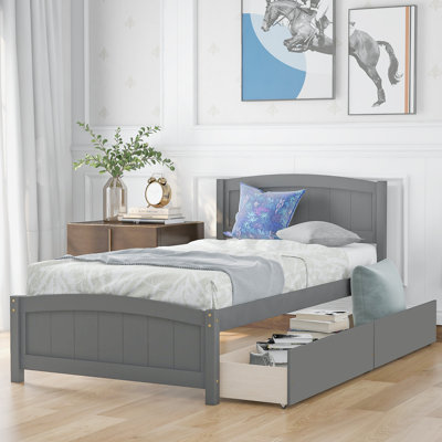 Structure de lit plateforme simple avec 2 tiroirs, sans sommier, gris