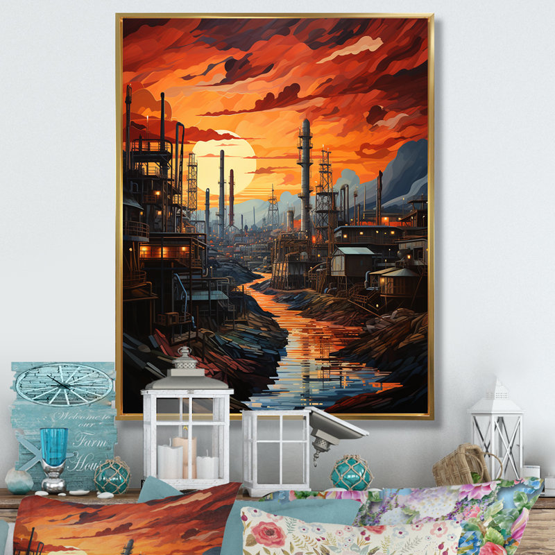 Semarang " Orange Oil Rigs Oil Odyssey ", Gold Floater Framed, 32" H x 24" W x 1" D