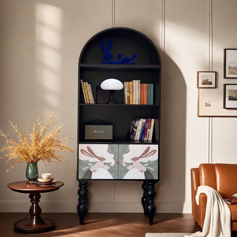 Black Solid Wood Arched Bookcase Display Cabinet