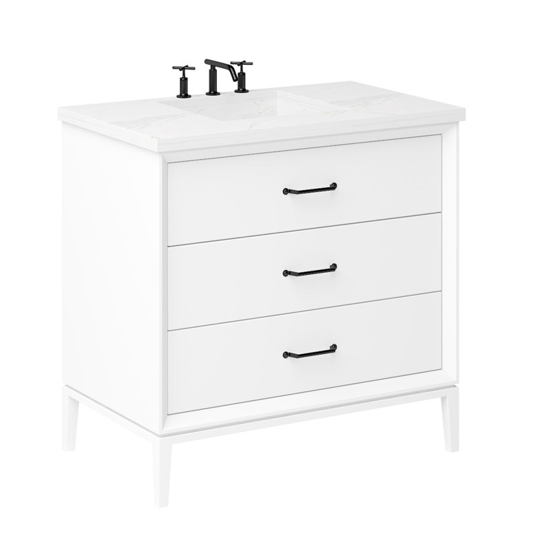 Alexandra Three-Drawer Single Bath Vanity, 36", Pure White, Matte Black