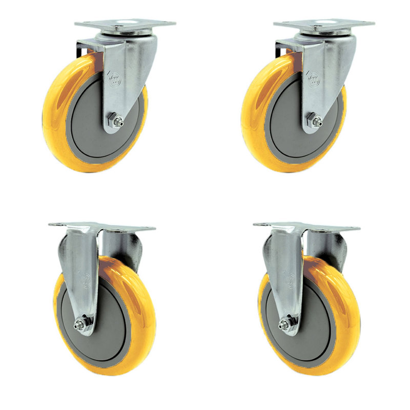 Ensemble de roulettes à plaque pivotante en polyuréthane jaune de 5 pouces avec 2 plateaux rigides