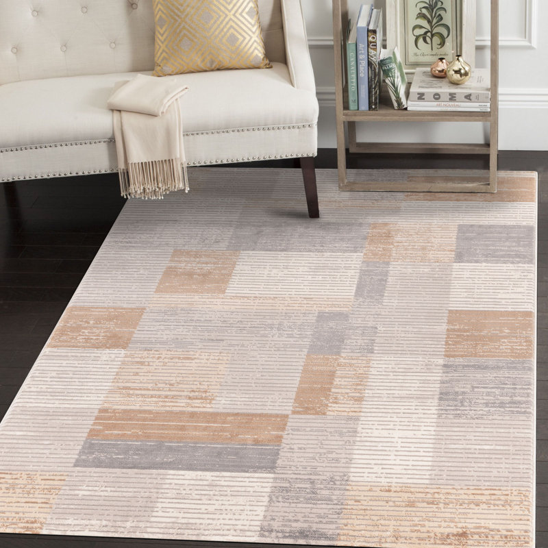 Tapis rayé en polypropylène tissé à la machine en gris / beige / brun, Rectangle 6 pi 7 po x 9 pi 6 po