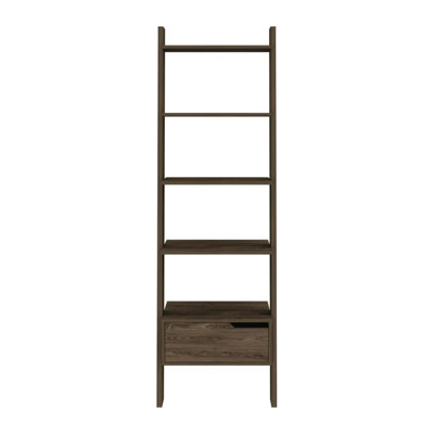 Bibliothèque échelle Ladder, un tiroir, cinq tablettes ouvertes, finition noyer foncé