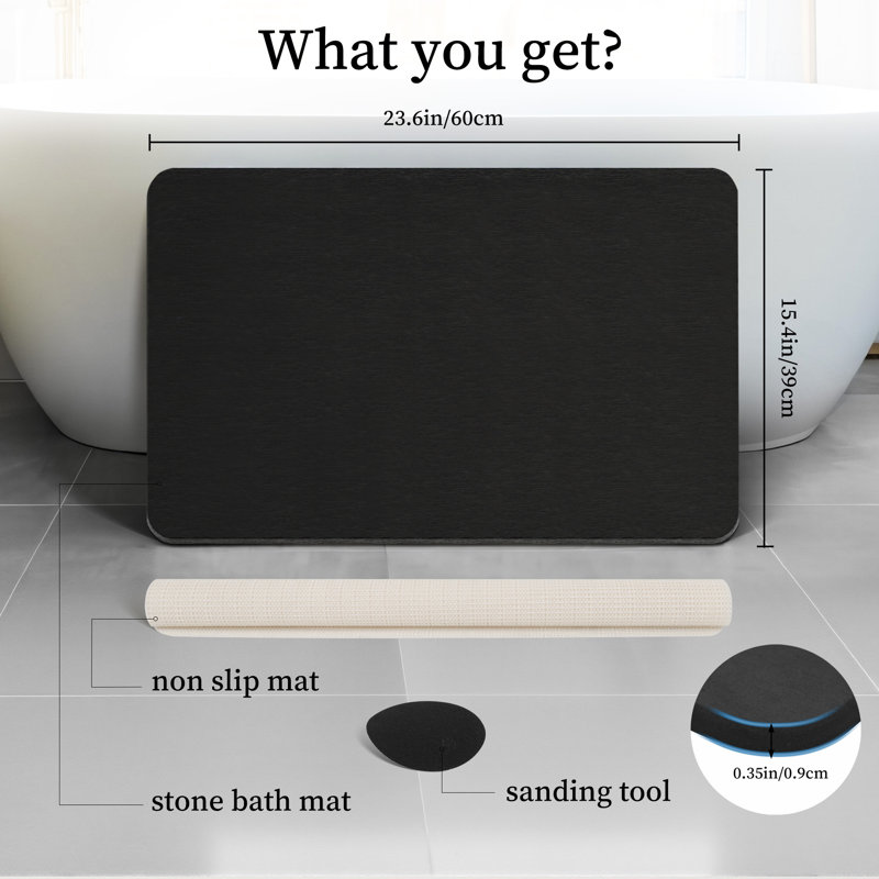 Black Stone Bath Mat, 24''x16'' Non-Slip Diatomaceous Earth Stone Bath Mat, Super Absorbent Quick Drying for Bathroom/Kitchen, Easy to Clean