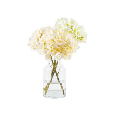 Artificial Hydrangea Flowers in Glass Vase, Faux Floral Arrangement, Centerpiece for Dining Table Coffee Table Office Desk, Home Wedding & Events, 4"