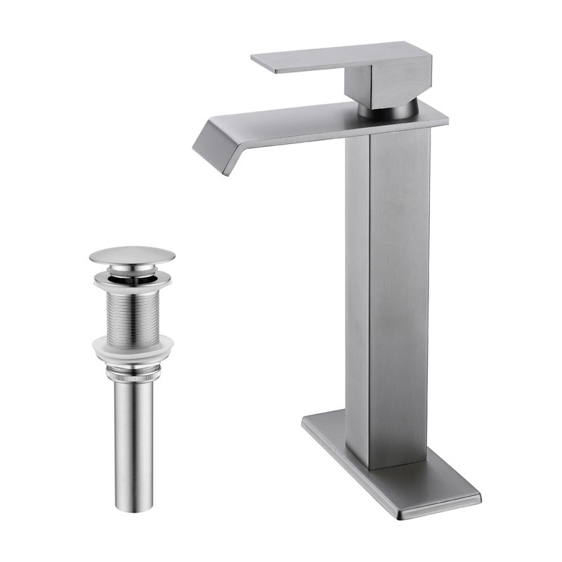 Waterfall Spout Bathroom Sink Single Handle Faucet with Pop-Up Drain (No Overflow), Brushed Nickel