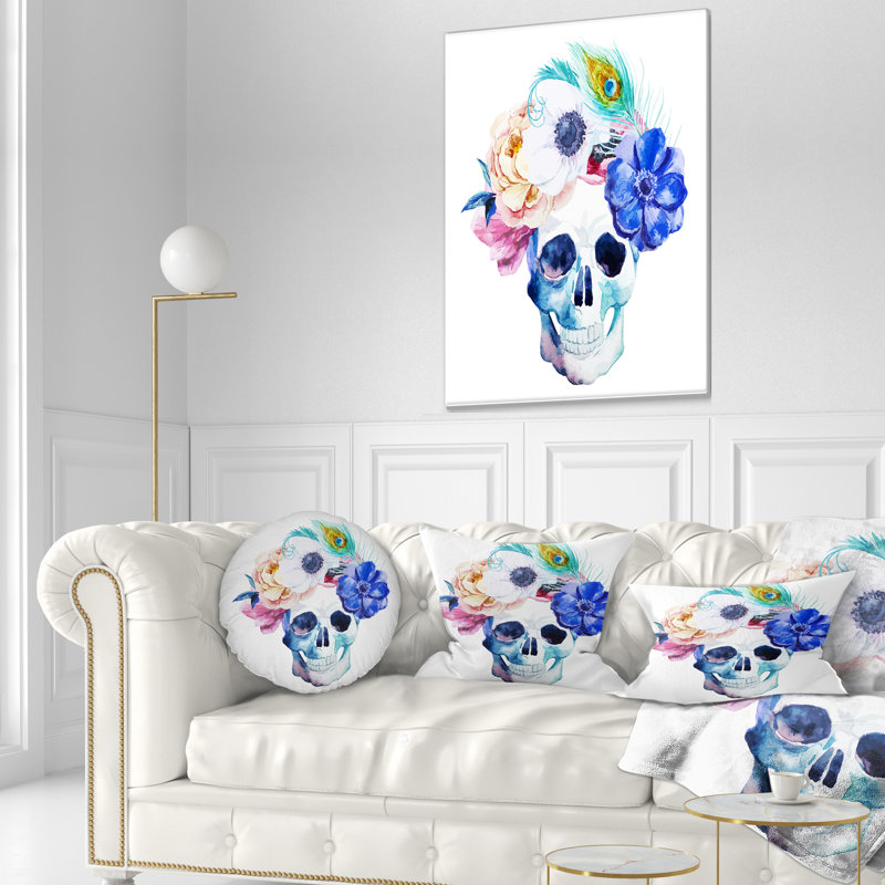 Anemones and Scull - Coussin imprimé floral, 16 po x 1 po, Coussin décoratif