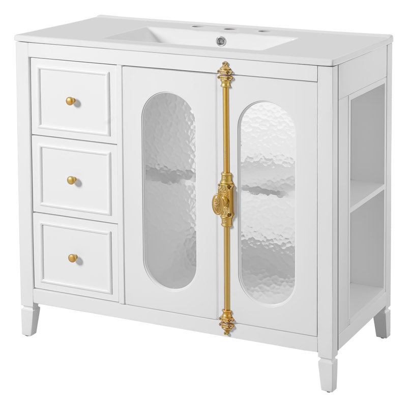Meuble-lavabo blanc de 36 pouces avec 2 portes à fermeture douce, 3 tiroirs, structure en bois massif, verre translucide, style moderne, grand espace de rangement pour les articles de toilette