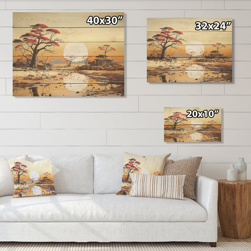 Paysage africain, coucher de soleil - Art mural en bois d'Afrique sur bois de pin naturel, H 10 po x l 20 po