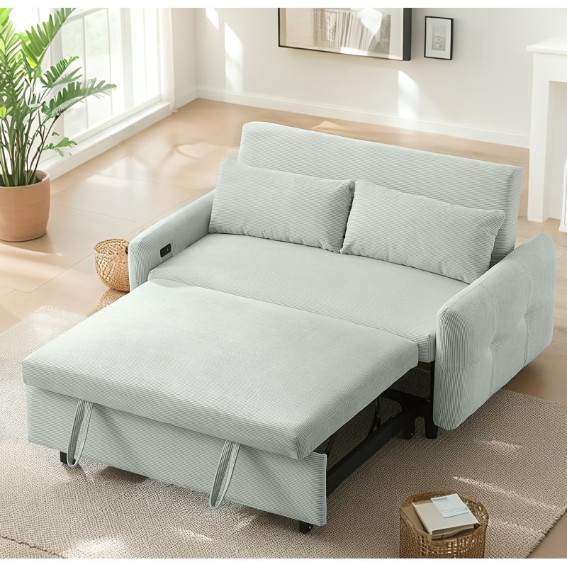 Convertible Pull-Out Sofa Bed with USB 2-Seat Loveseat Sleeper Couch Corduroy for Small Spaces, Pale Green 