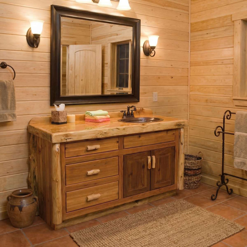 Meuble-lavabo en rondins de cèdre Fireside Lodge, Centre, Comptoir en pierre avec finition en verre liquide