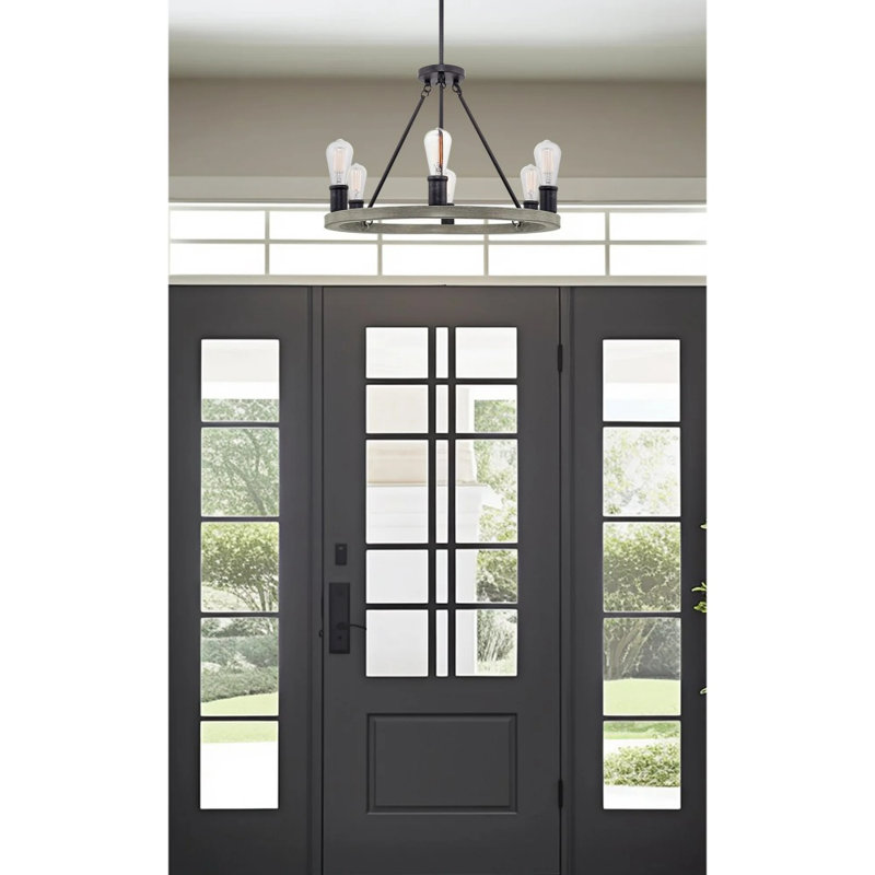 25" Rustic Farmhouse Wagon Wheel Chandelier, Round Kitchen Island Light, Textured Black Accents, Textured Black/Gray Oak, 6