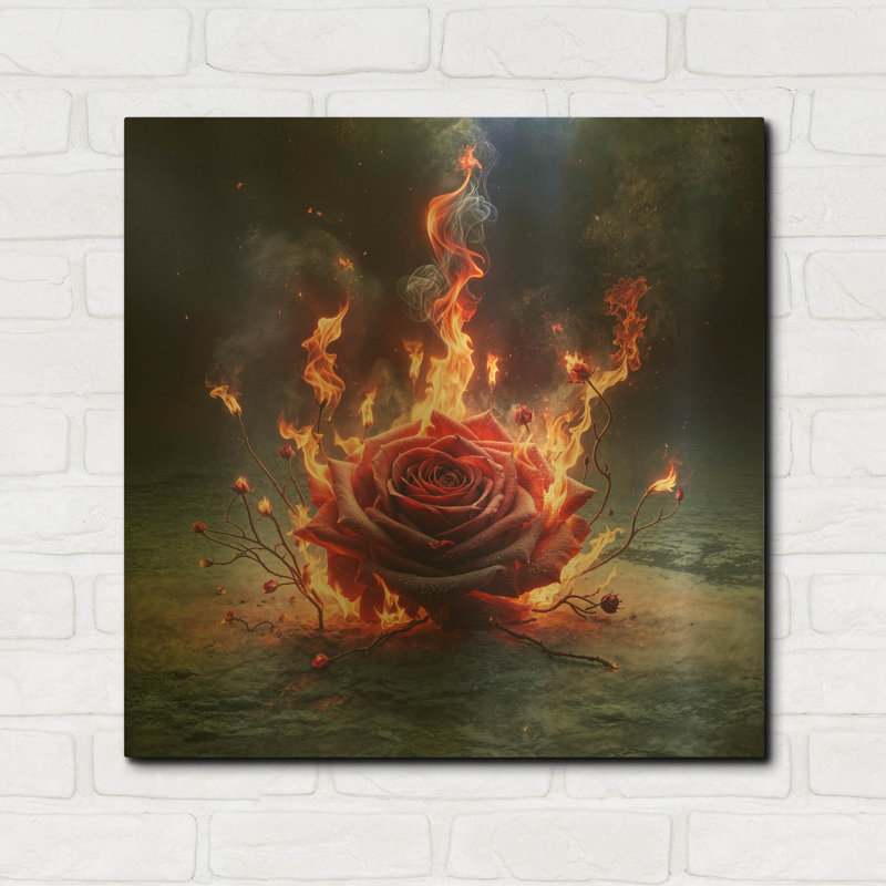 «Red Rose on Fire 4» par Rey Klimt, art mural en métal, 24 po x 24 po