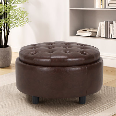 25" Round Upholstered Storage Ottoman with Tufted Cushion, Hidden Storage