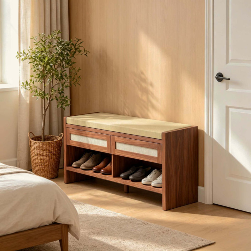 Banc à chaussures avec siège rembourré, 2 tiroirs en rotin et tablette de rangement ouverte