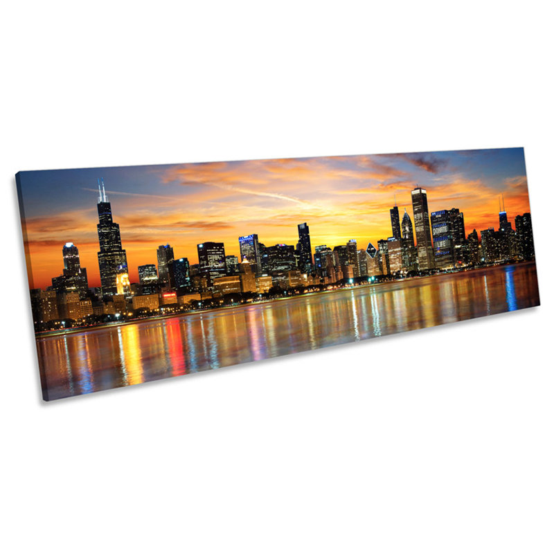 Chicago Illinois Sunset Skyline - Wrapped Canvas Panoramic Print, 60.96cm H x 182.88cm W x 4cm D