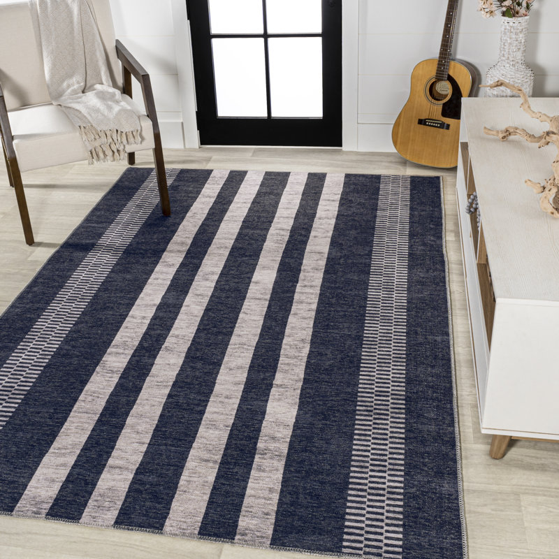 Zipporah Geometric Striped Machine-Washable Black/Ivory Rug, Rectangle 2'11" x 5'